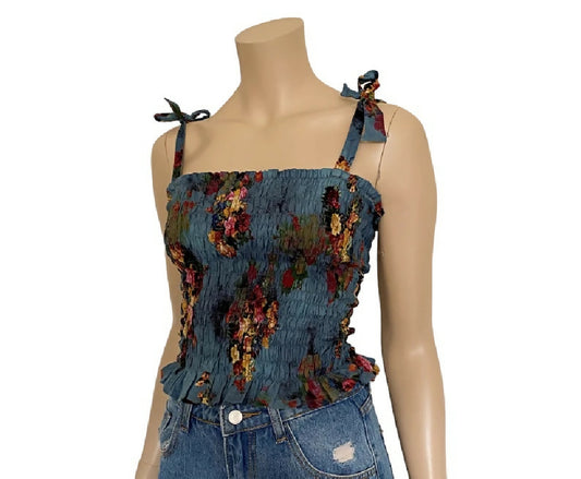 BLUE FLORAL SHIRRED SHOULDER TIE TOP