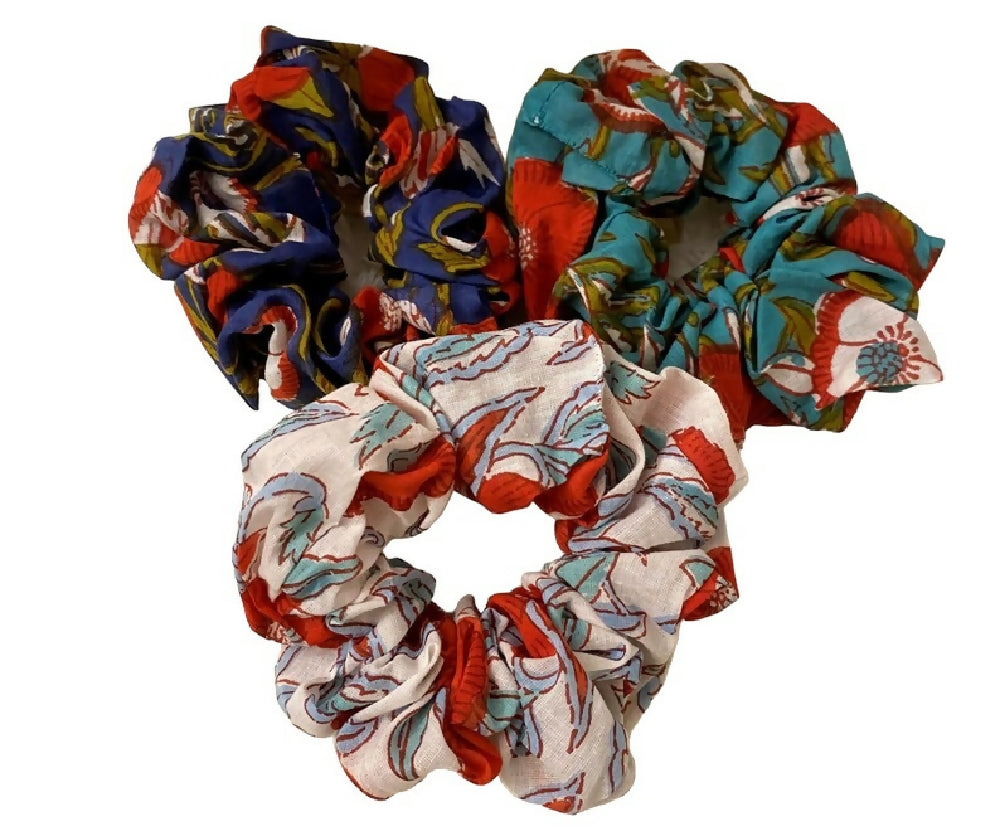 SET 0F 3 COTTON BLOCK PRINTED SCRUNCHIES - BLUES