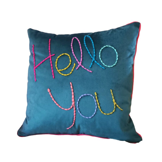 Hello You Embroidered Velvet Cushion